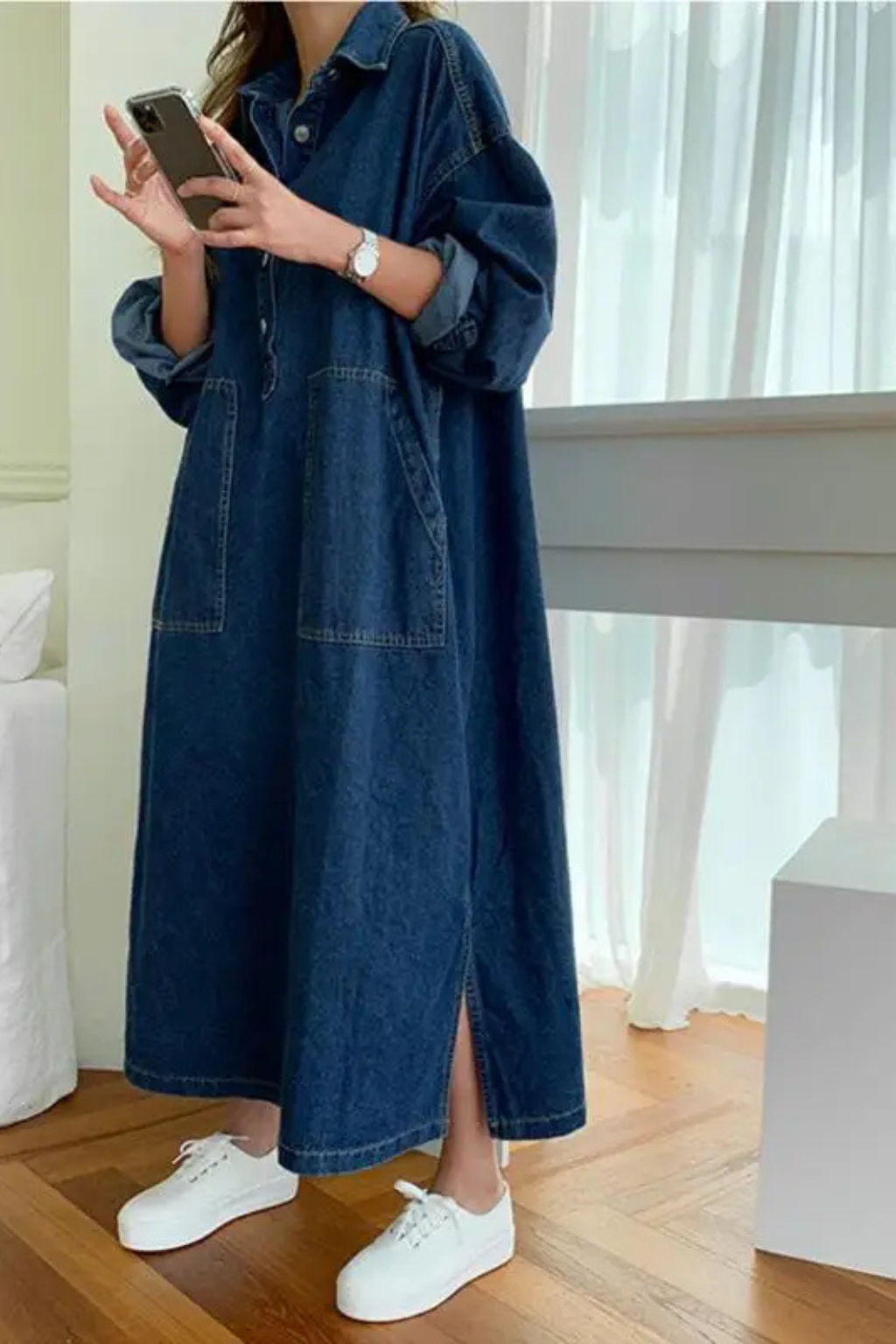 Margot | Women's Denim Maxi Dress – Plus-Size Fit With Pockets