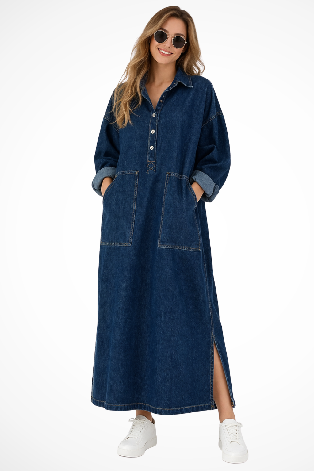 Margot | Women's Denim Maxi Dress – Plus-Size Fit With Pockets