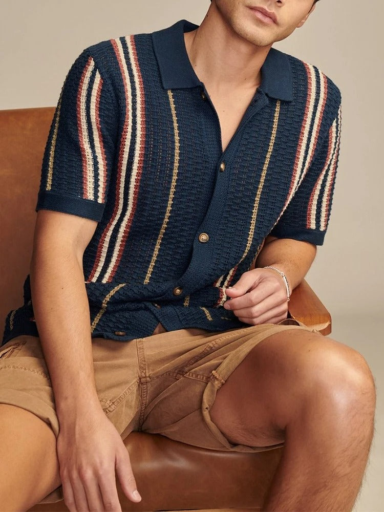Men's Open Knit Shirt – Lightweight Short Sleeve Vertical Stripes