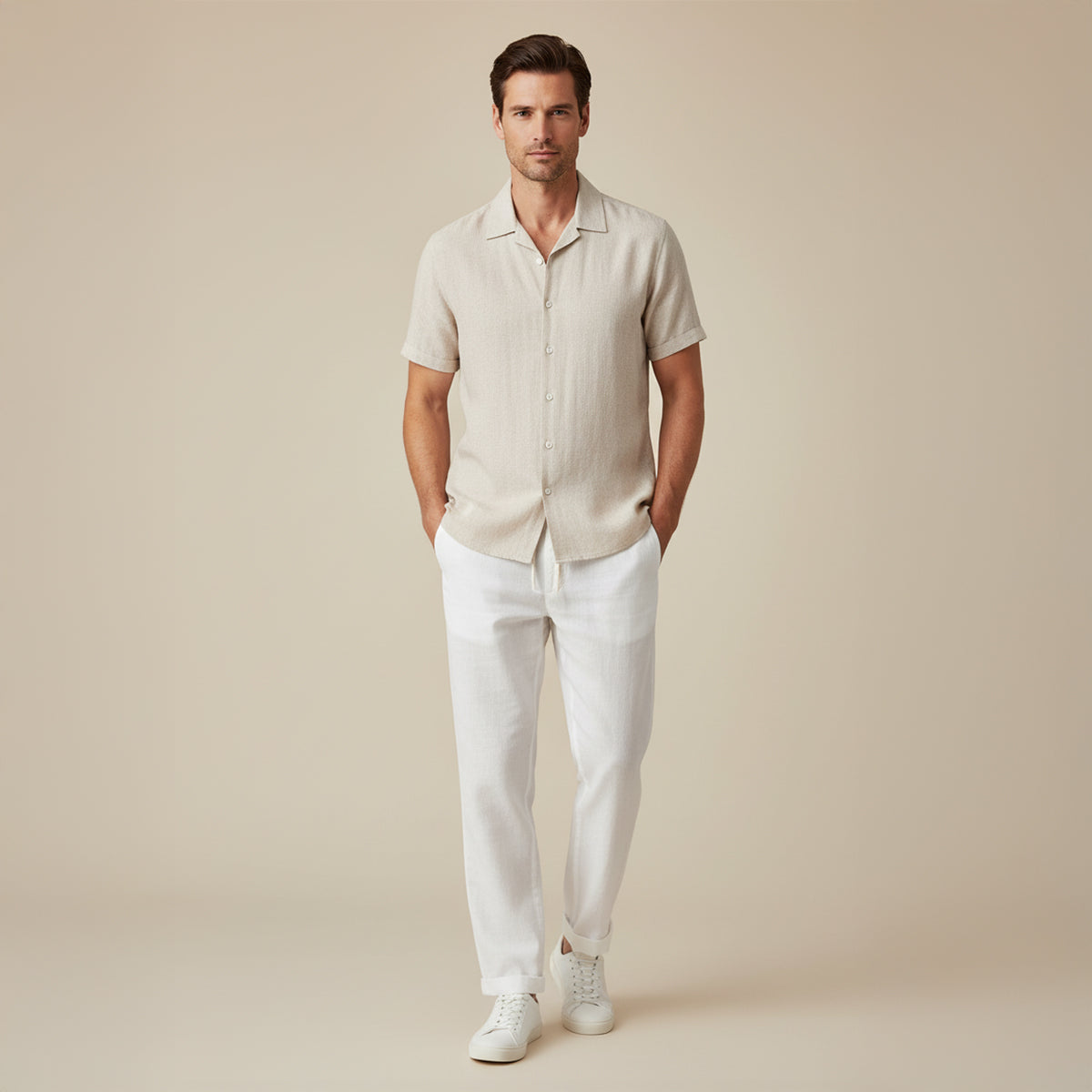 Men’s Linen Shirt and Trousers Set – Relaxed Fit Camp Collar Design