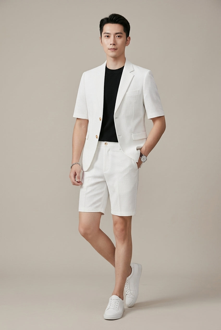 Men's Set – Short Sleeve Blazer with Matching Shorts in Textured Fabric