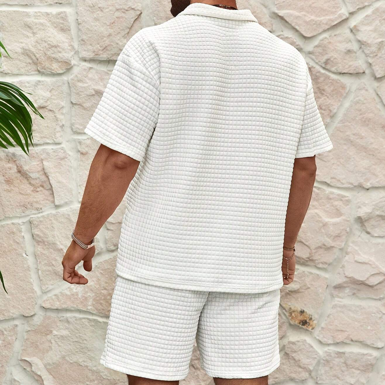 Men’s Waffle Zip Polo Set – Short Sleeve Top with Elasticated Shorts