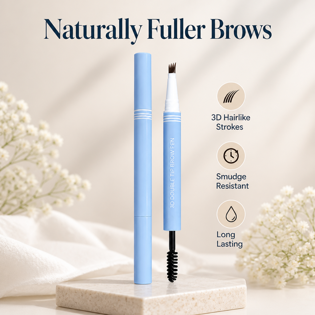 Microblading Brow Pen | Four-Prong Tip for Multi-Stroke Definition | Dual-Ended with Spoolie, Waterproof All-Day Wear