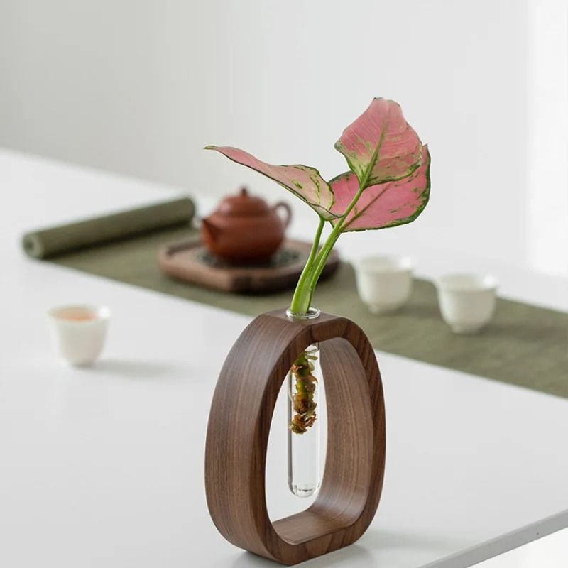 Mini Glass Flower Vase with Wooden Base | Single Stem Display Design | Compact Decor for Desks, Shelves & Bedside Tables