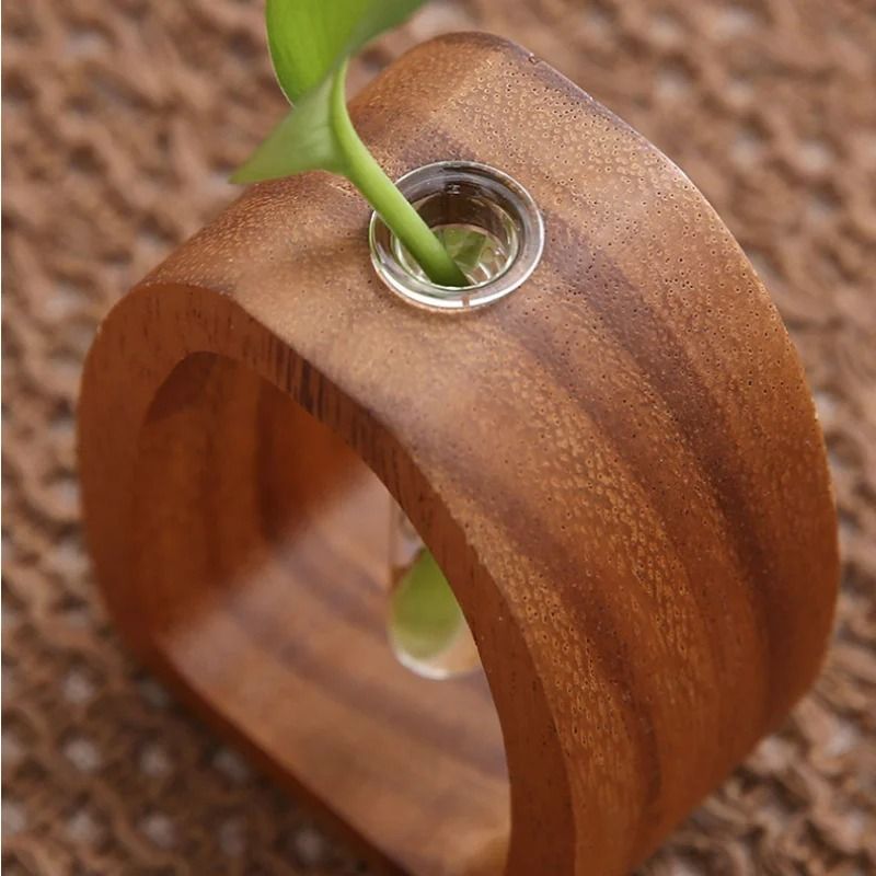 Mini Glass Flower Vase with Wooden Base | Single Stem Display Design | Compact Decor for Desks, Shelves & Bedside Tables