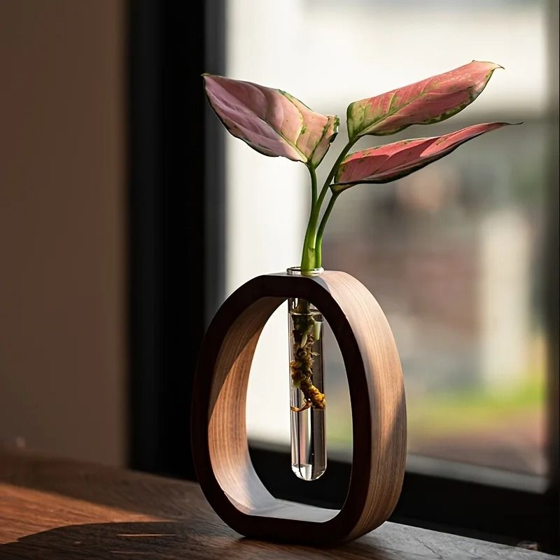 Mini Glass Flower Vase with Wooden Base | Single Stem Display Design | Compact Decor for Desks, Shelves & Bedside Tables