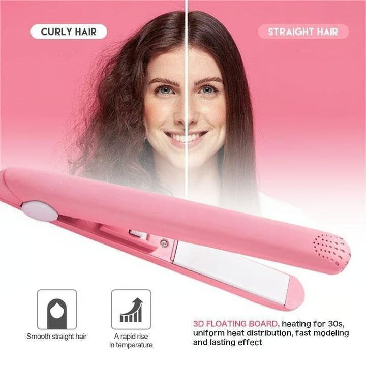 Mini USB Hair Styler | Dual-Action Curling & Straightening Ceramic Plates | Portable Heat Styling for Curls and Straight Looks
