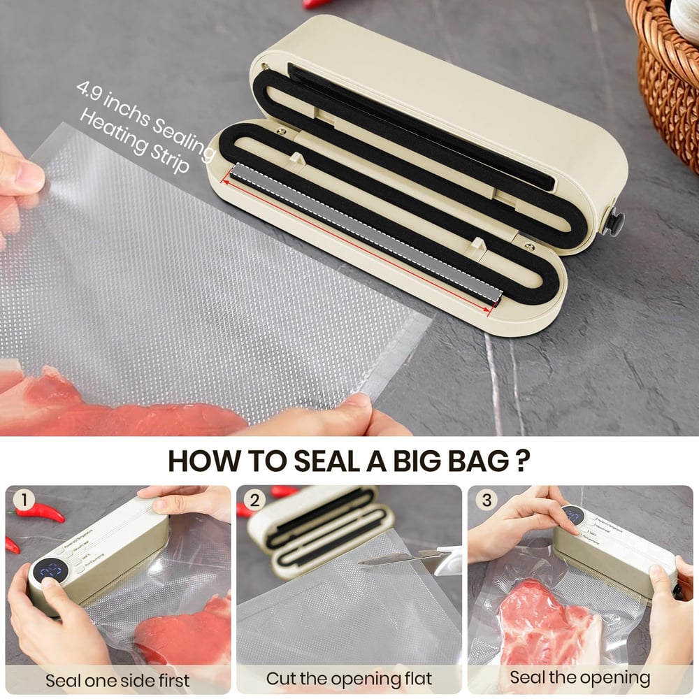 Mini Vacuum Sealer 3-in-1 | 60kPa Suction & 3 Heat Settings | Cordless USB-C Rechargeable, Vacuum Seal & Inflate