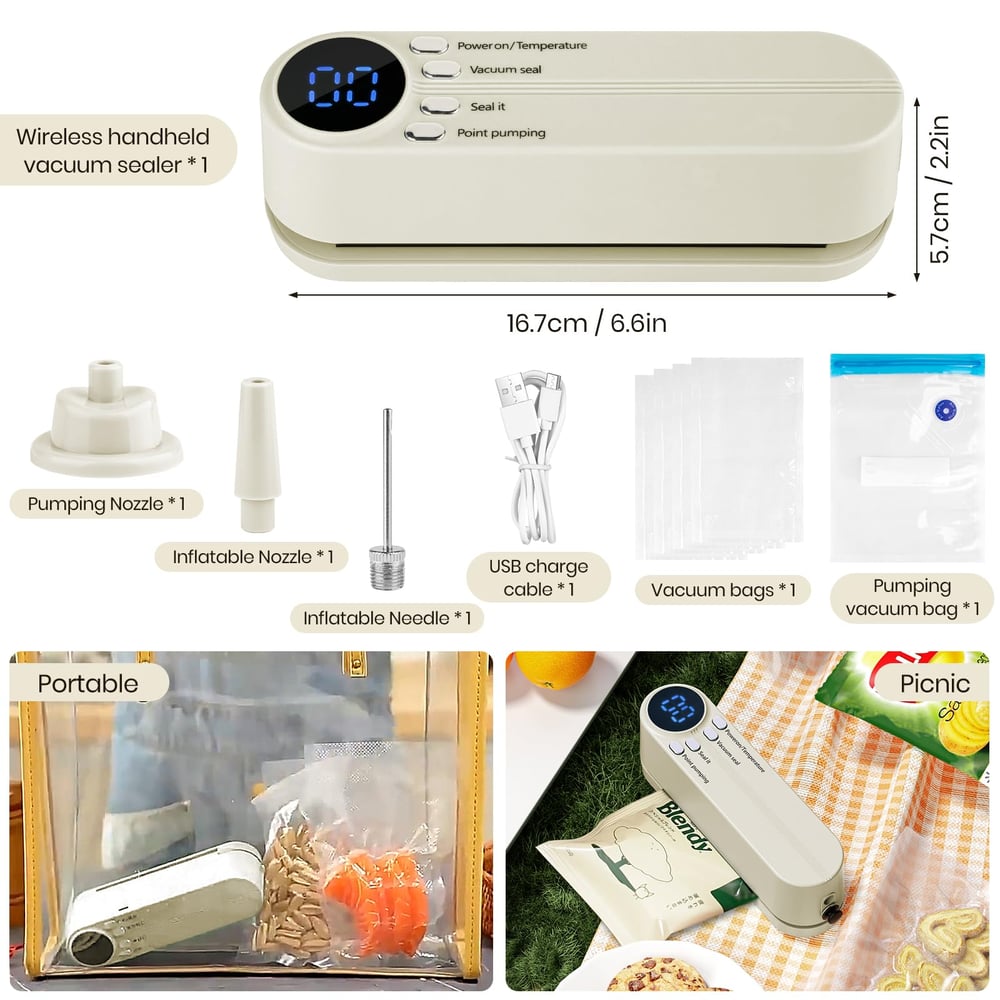 Mini Vacuum Sealer 3-in-1 | 60kPa Suction & 3 Heat Settings | Cordless USB-C Rechargeable, Vacuum Seal & Inflate
