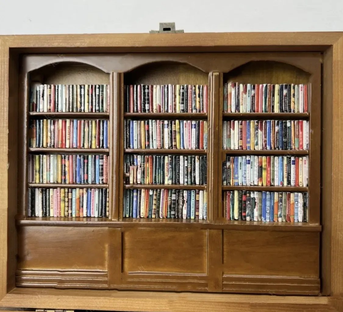 Miniature Wooden Bookshelf | Handmade with 200 Folded Mini Books | Shake-and-Reset Desk Ornament for Calm Moments