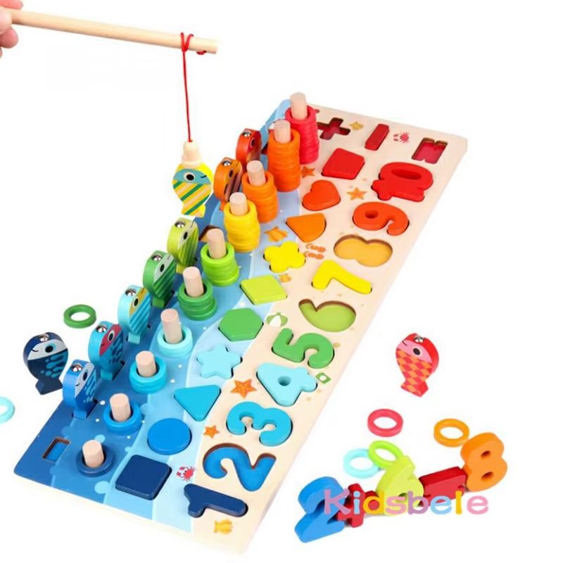 Montessori Math Puzzle Toy Wooden Board | 5-in-1 Counting, Sorting, Stacking & Magnetic Fishing Game | Screen-Free Learning