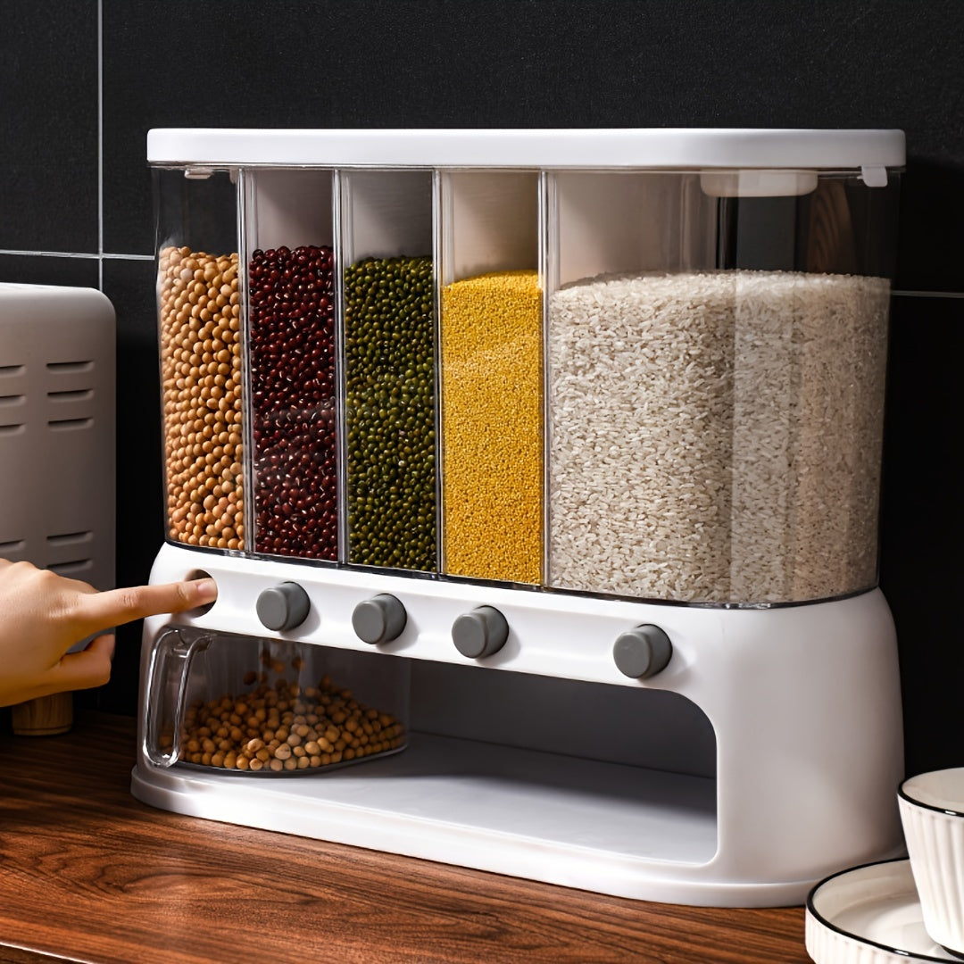 Multi-Compartment Kitchen Grain Storage Container | 5-Grid Dispenser with Push-Button