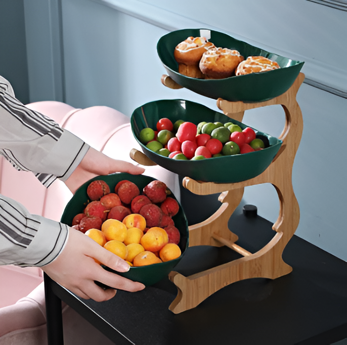 Multi Tier Fruit Bowl with Wooden Stand and Trays 1