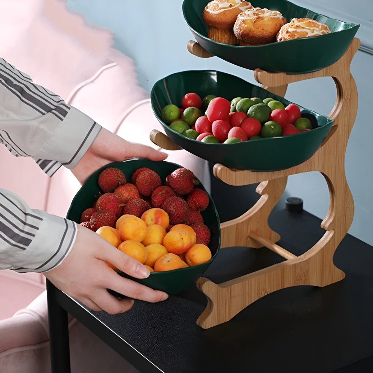 Multi Tier Fruit Bowl with Wooden Stand and Trays 2