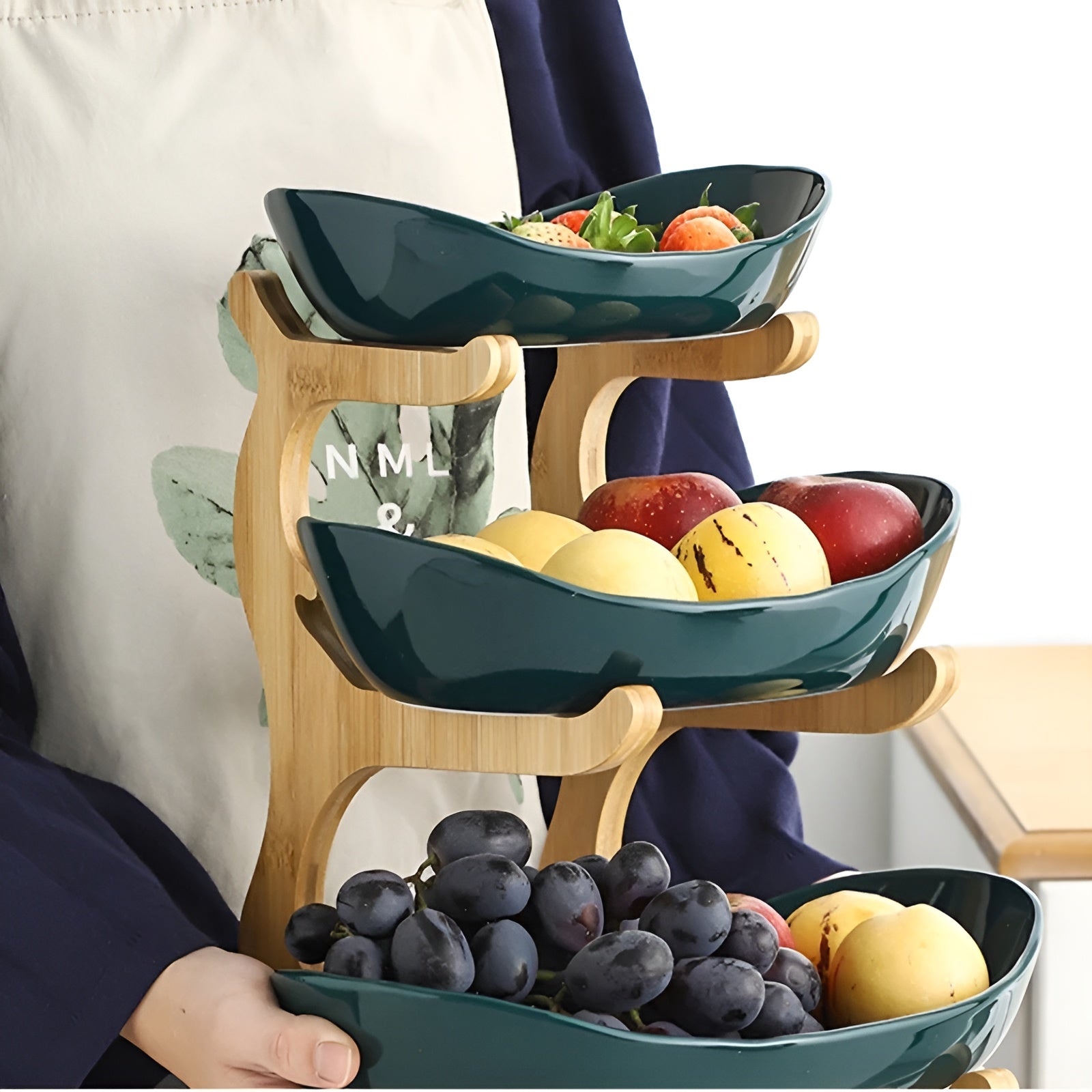 Multi Tier Fruit Bowl with Wooden Stand and Trays 3