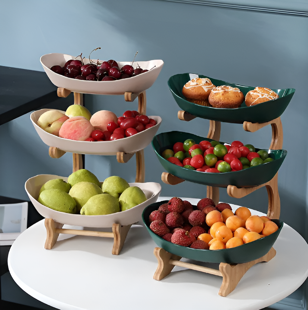 Multi Tier Fruit Bowl with Wooden Stand and Trays 4