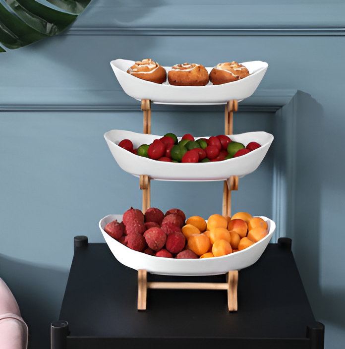 Multi Tier Fruit Bowl with Wooden Stand and Trays 5