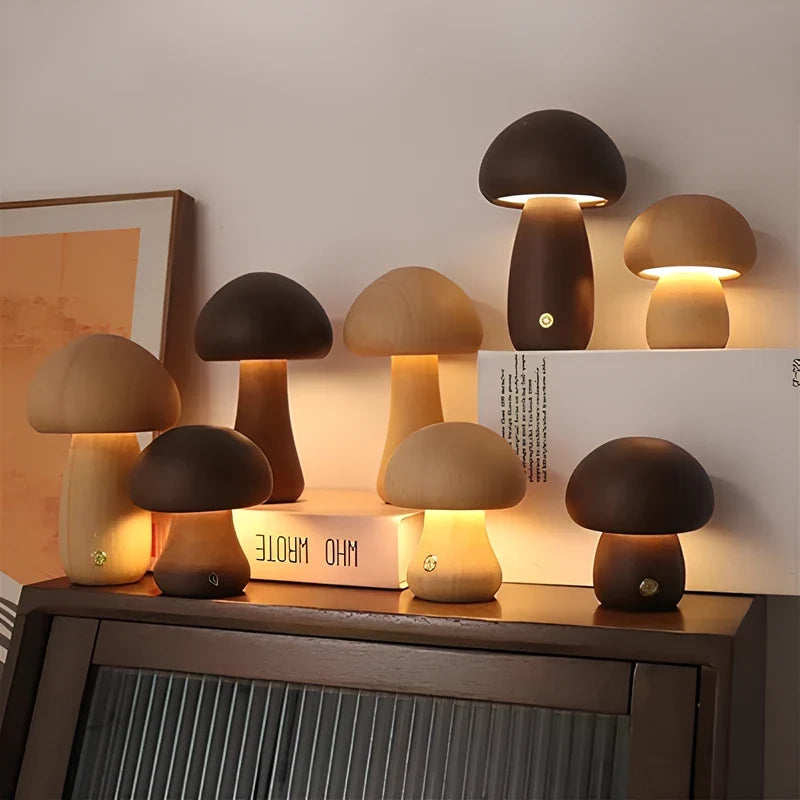 Wooden Mushroom Table Lamp Solid Wood | Cordless Rechargeable Dimmable Nightlight | Up to 10 Hours Warm White Glow 1