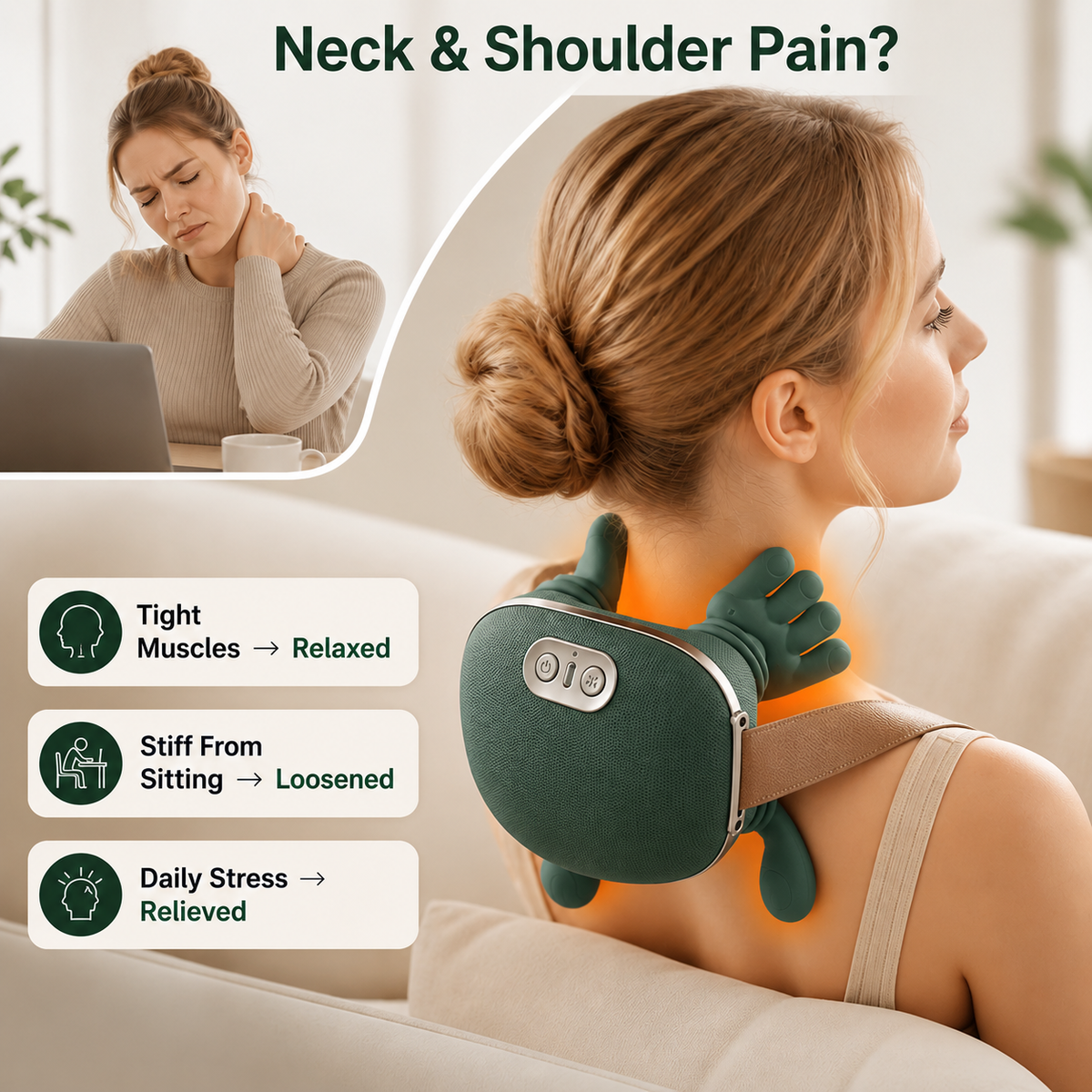 Neck and Shoulder Massager | Heated Shiatsu-Style Kneading Massage | USB-C Rechargeable, Portable, Quiet Operation