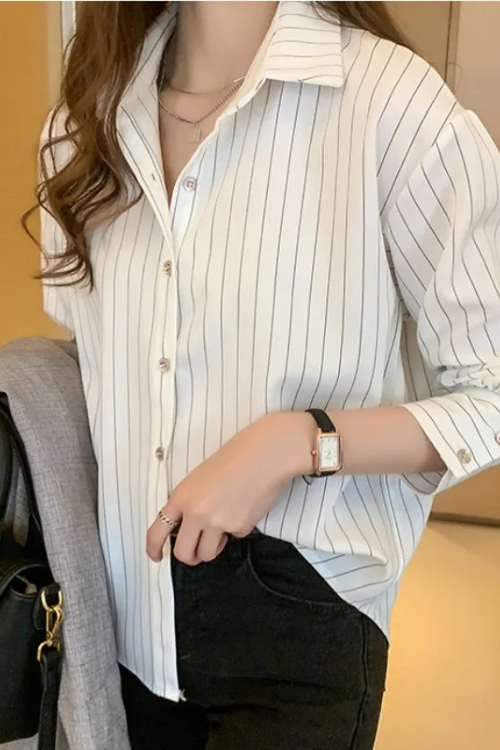 Nella | Women's Shirt – Striped Long Sleeve With Turn Down Collar 8