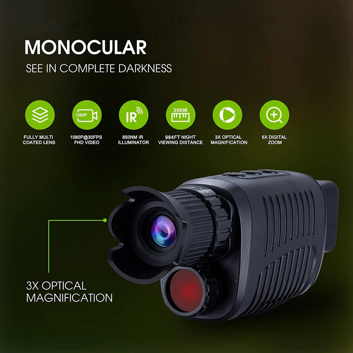 Night Vision Camera 1080P Full HD | 5x Digital Zoom, Infrared Light & TF Card Storage | Up to 1000m Observation Range