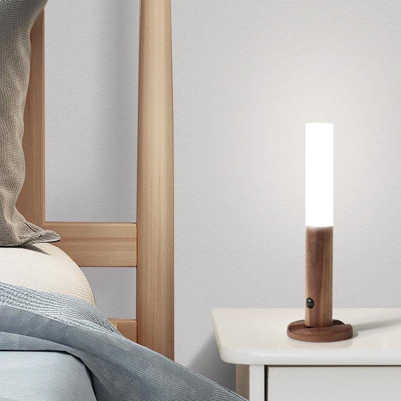 Motion Sensor Torch Lamp Wood & Acrylic 18 cm | Walnut or Ash | Cordless Magnetic Wall Mount, Rechargeable Night Light 12