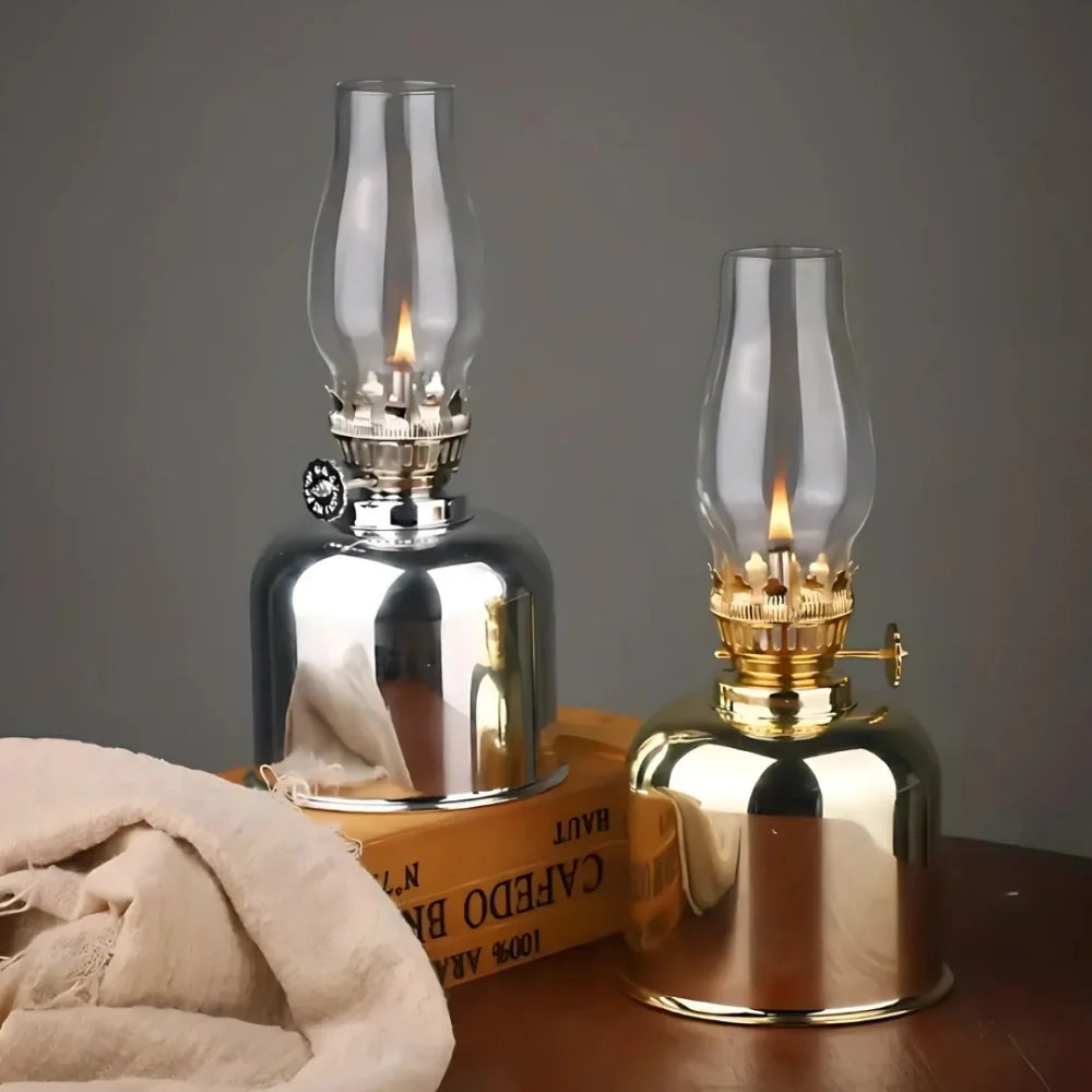Oil Lamp Electroplated Iron and Glass 19 x 8.5 cm | Gold, Silver, Matte Black | Windproof, Adjustable Flame Control