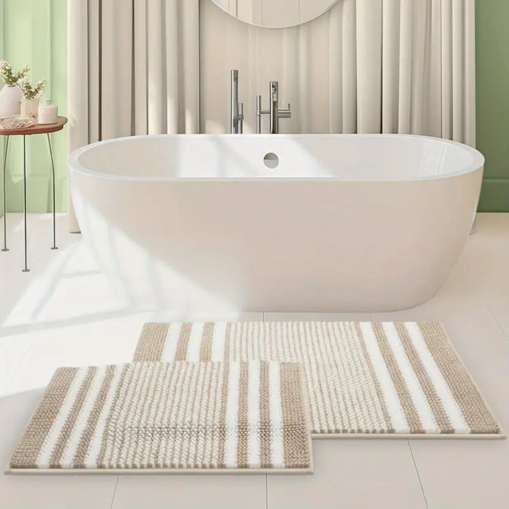 PebbleKnit | Non-Slip Bath Mat – Ultra-Absorbent Chenille Stripes