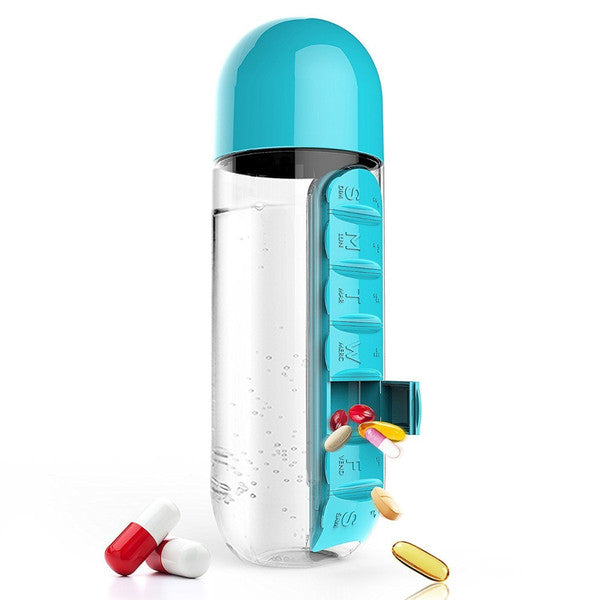 Pill Organizer Water Bottle BPA-Free | 7-Day Compartments & Screw-Top Cup Lid | Portable Vitamin & Supplement Storage