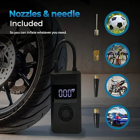 Portable Tyre Inflator Compressor | Automatic Pressure Control up to 150 PSI | Cordless 4000mAh Rechargeable Battery, LED Light