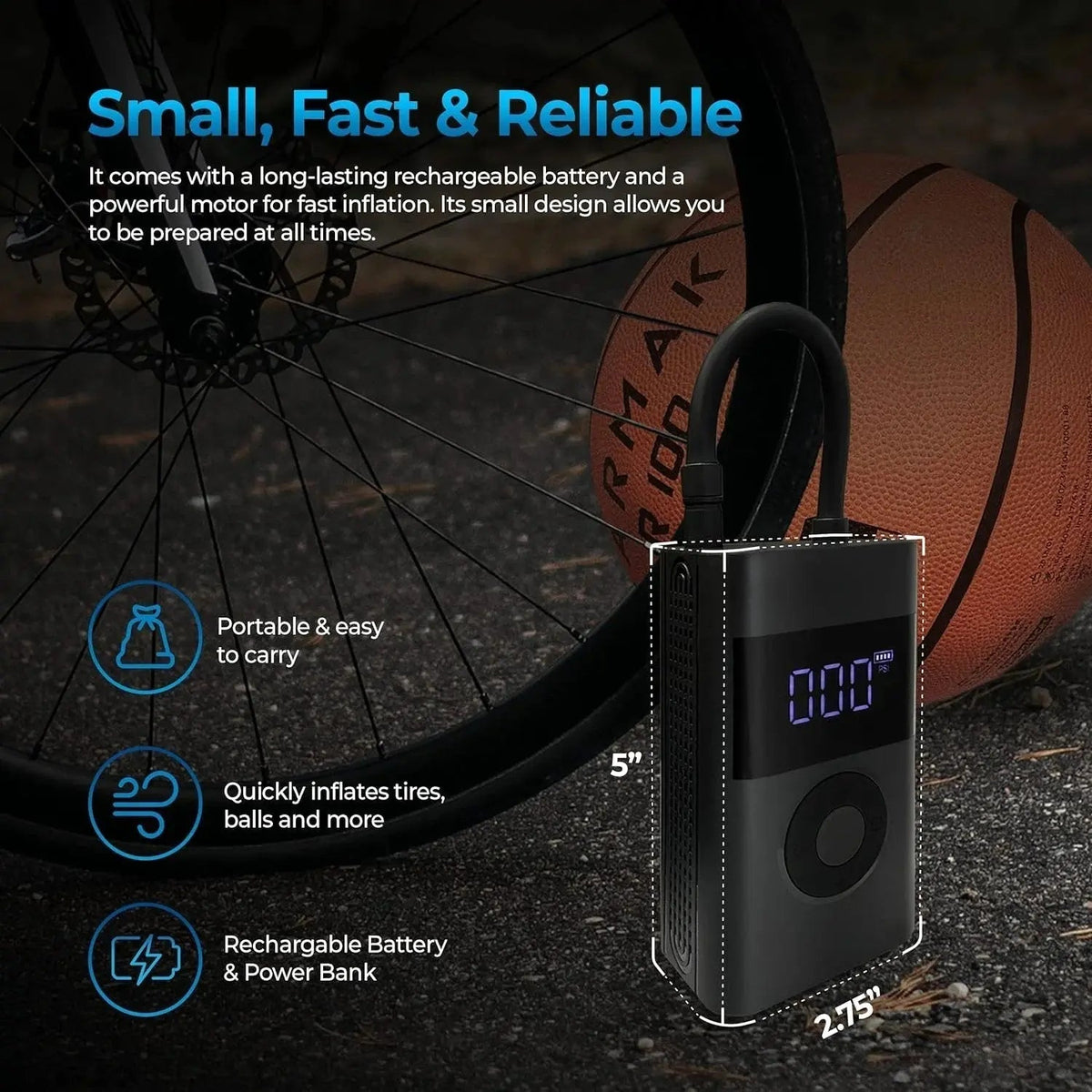 Portable Tyre Inflator Compressor | Automatic Pressure Control up to 150 PSI | Cordless 4000mAh Rechargeable Battery, LED Light