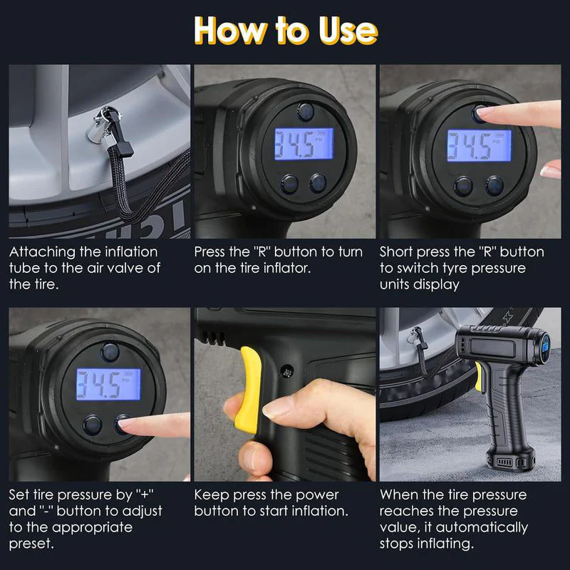 Portable Tyre Inflator Cordless | Digital Pressure Display & Auto Shut-Off | 35L/min Fast Inflation with LED Light
