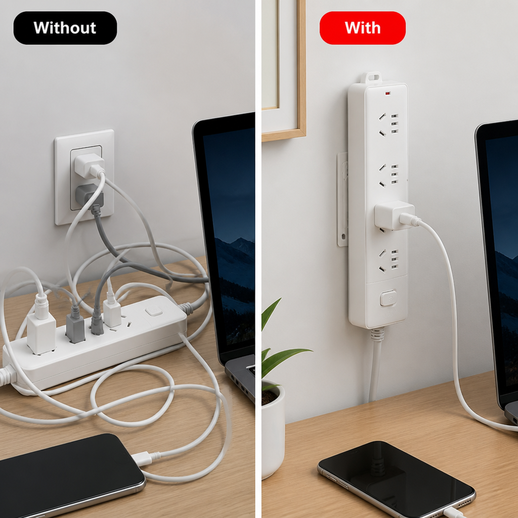 Power Strip Holder ABS Set of 3 | Tool-Free Self-Adhesive Mount | Holds Up to 7 kg, Slide-Rail Repositionable Design