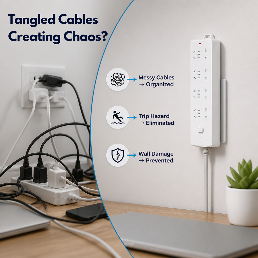 Power Strip Holder ABS Set of 3 | Tool-Free Self-Adhesive Mount | Holds Up to 7 kg, Slide-Rail Repositionable Design