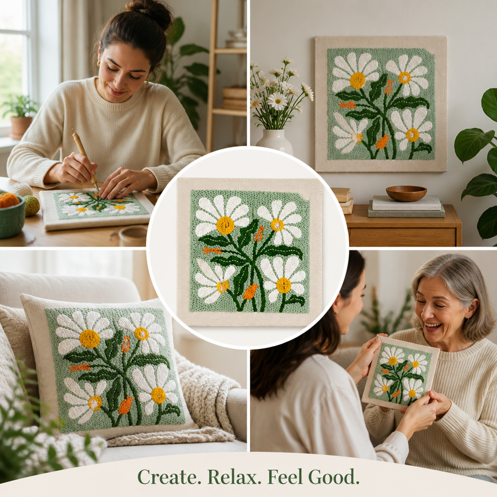 Punch Needle Craft Kit | Pre-Printed Fabric, Yarn and Tools Included | Beginner-Friendly Floral Wall Art, No Experience Needed