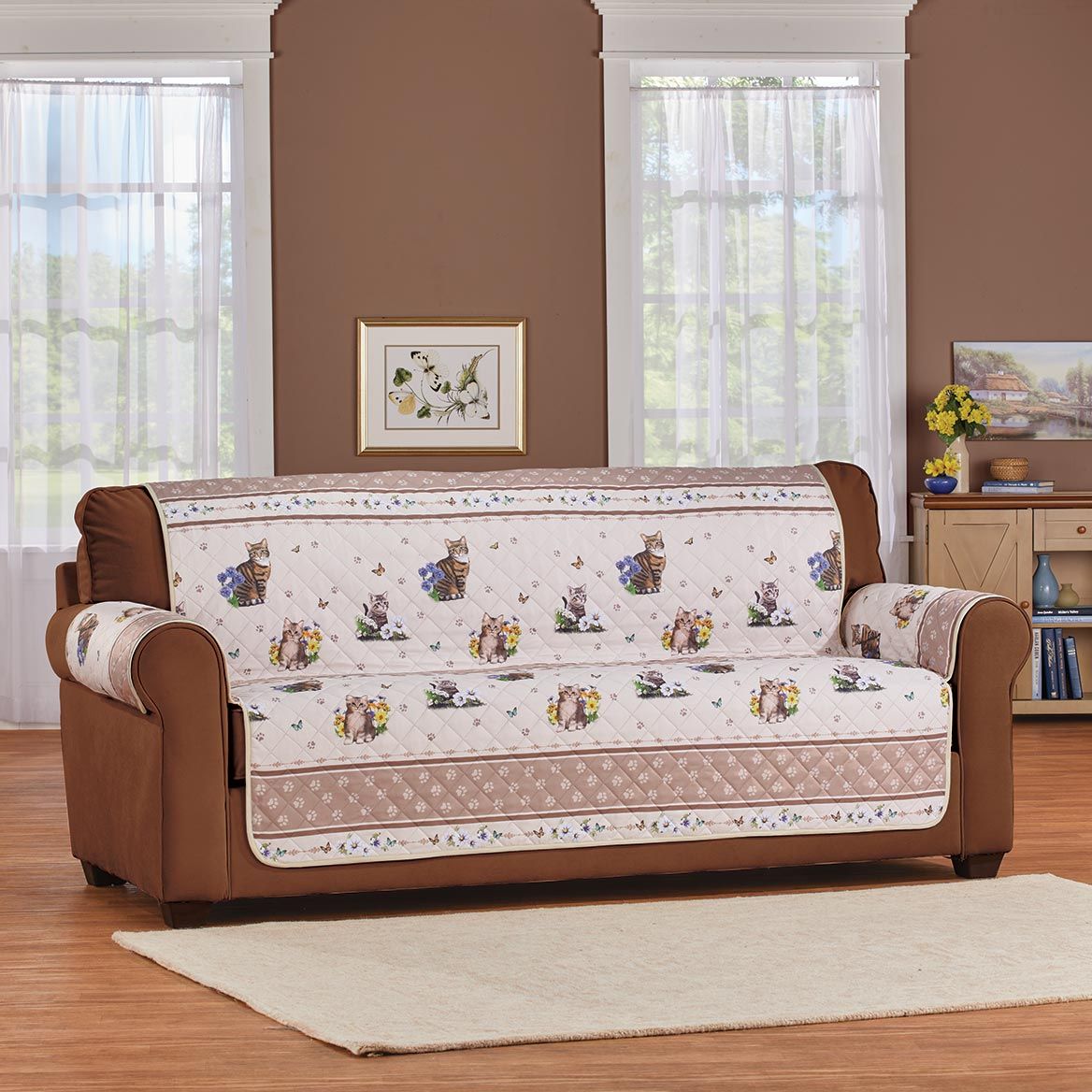 Quilted Furniture Cover Polyester | Cat, Butterfly & Floral Print, Beige | Machine Washable, Fits Chair to Sofa