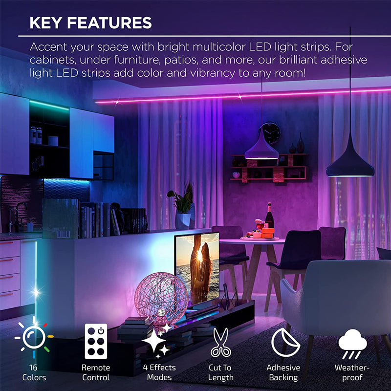 RGB LED Strip Light | Bluetooth App and Remote Control | Cuttable, Flexible Tape with Self-Adhesive Backing for Any Surface
