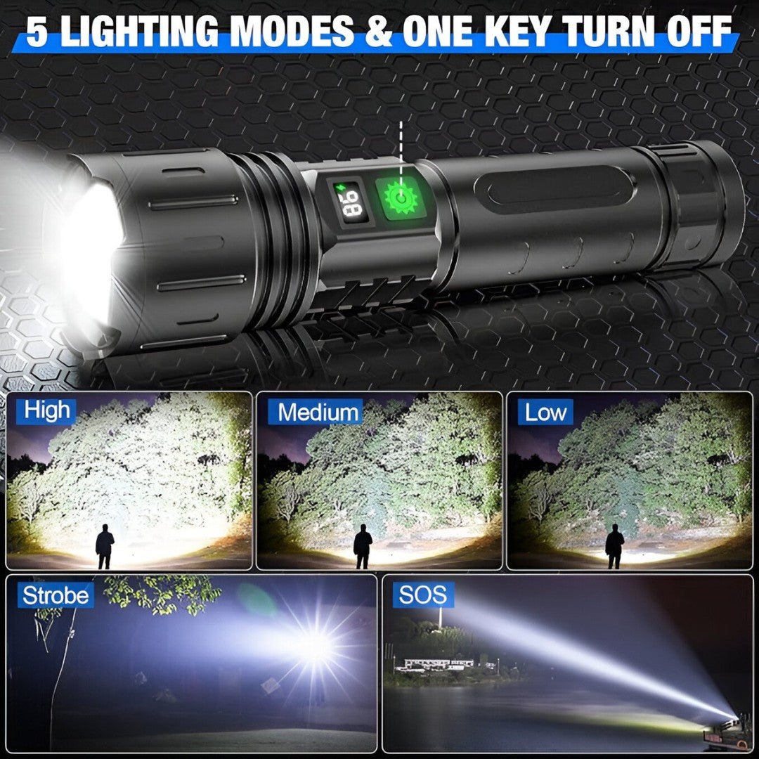 Rechargeable LED Torch 10,000 Lumens | IPX5 Waterproof & Impact-Resistant | 5000mAh USB-C Power Bank, 1000m Beam