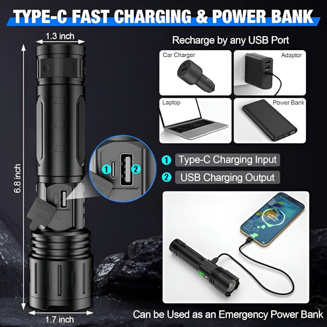 Rechargeable LED Torch 10,000 Lumens | IPX5 Waterproof & Impact-Resistant | 5000mAh USB-C Power Bank, 1000m Beam
