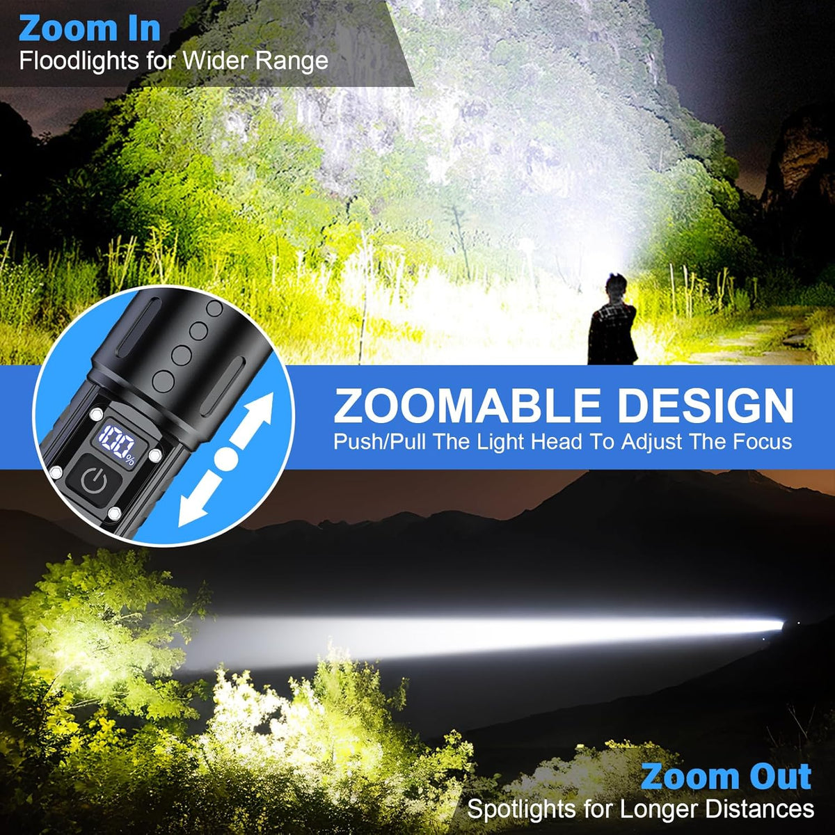 Rechargeable LED Torch 10,000 Lumens | IPX5 Waterproof & Impact-Resistant | 5000mAh USB-C Power Bank, 1000m Beam