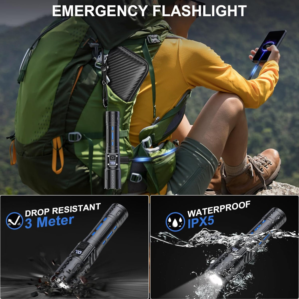 Rechargeable LED Torch 10,000 Lumens | IPX5 Waterproof & Impact-Resistant | 5000mAh USB-C Power Bank, 1000m Beam