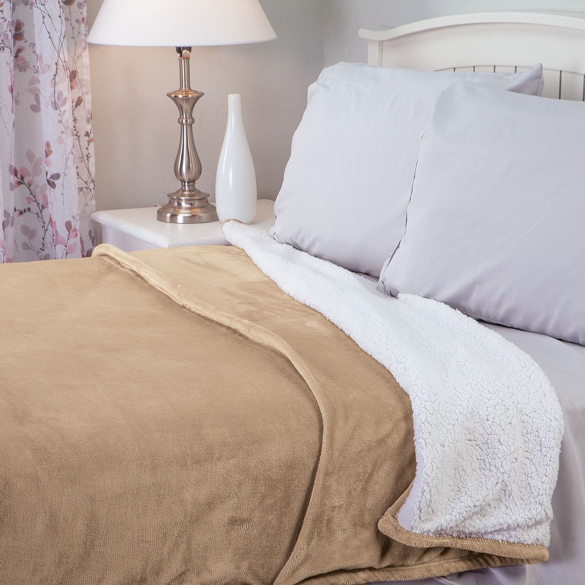 Reversible Sherpa Plush Blanket | 190-GSM Plush, 200-GSM Sherpa | Twin, Full Queen, King, Taupe, Wedgewood, Medium Grey