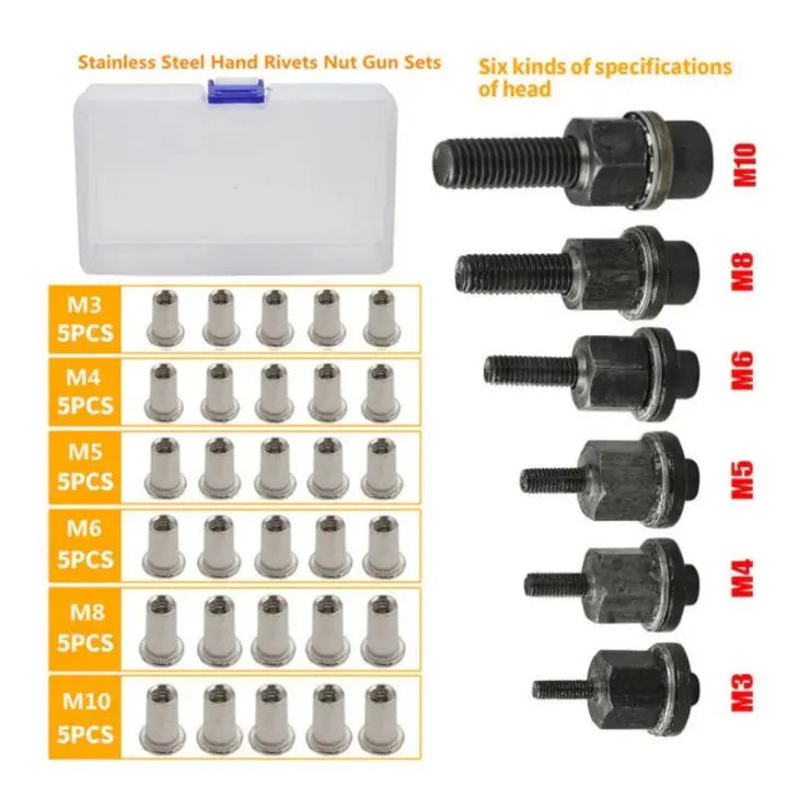 Rivet Nut Set Stainless Steel & Carbon Steel | M3–M10 Sizes, 100 Pieces | Rust-Resistant Threaded Inserts in Sorting Case