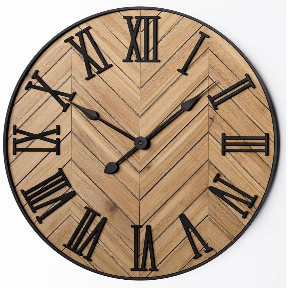 Wall Clock Metal and Wood 24 Inch (61 cm) Diameter | Roman Numerals, Rustic-Modern Style | Silent Operation, Battery Powered 3