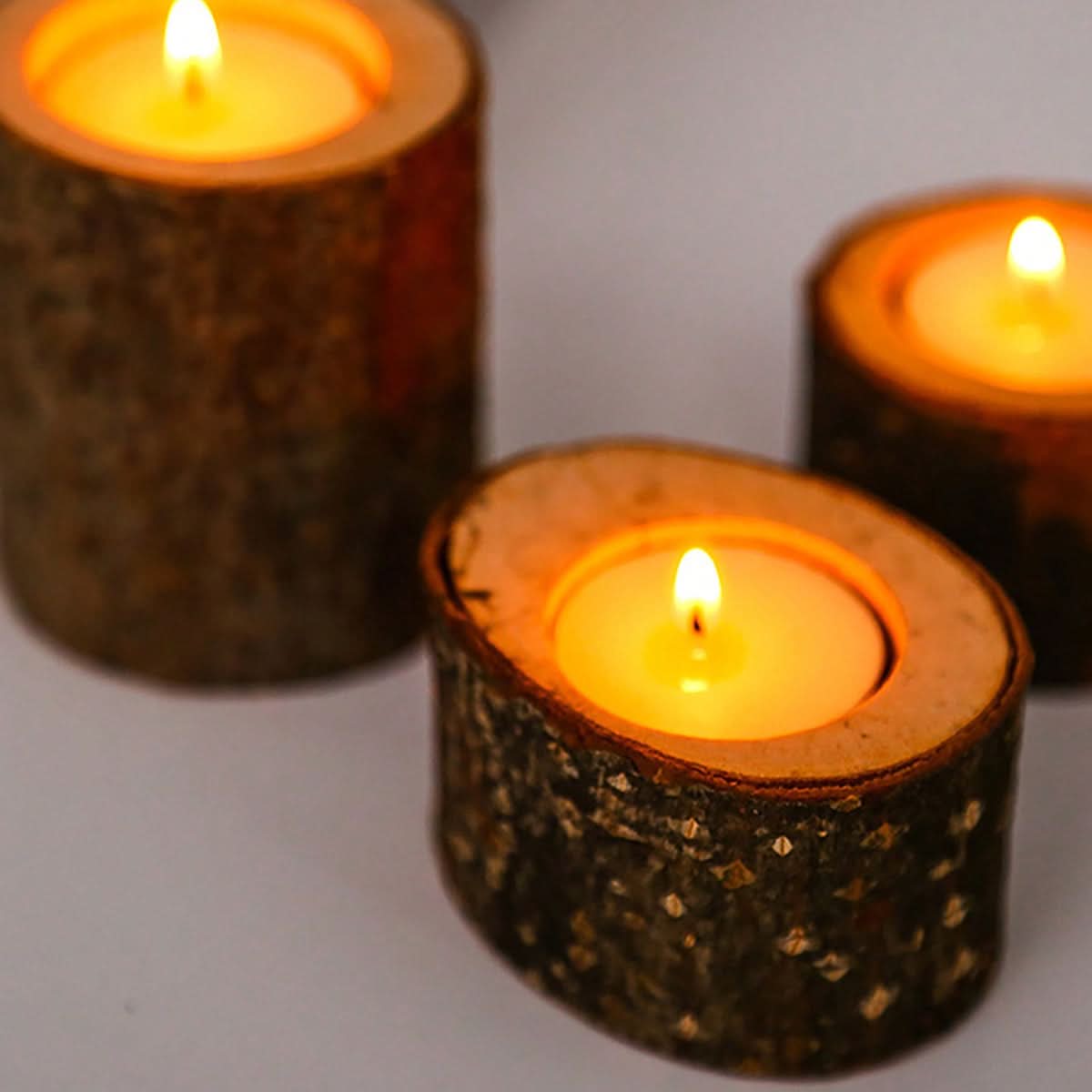 Wooden Tea Light Holder Set | Three-Piece Rustic Wood & Glass Design | Cosy Ambient Lighting for Living Room and Bedroom Decor 2