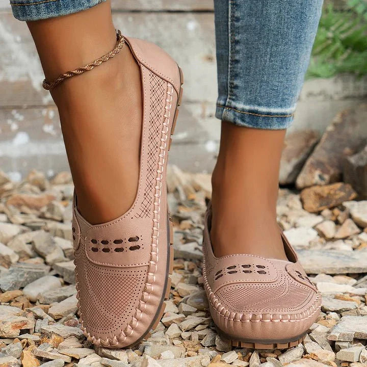 Sarah | Women's Slip-On Flats - Perforated PU Loafer, Flat Sole