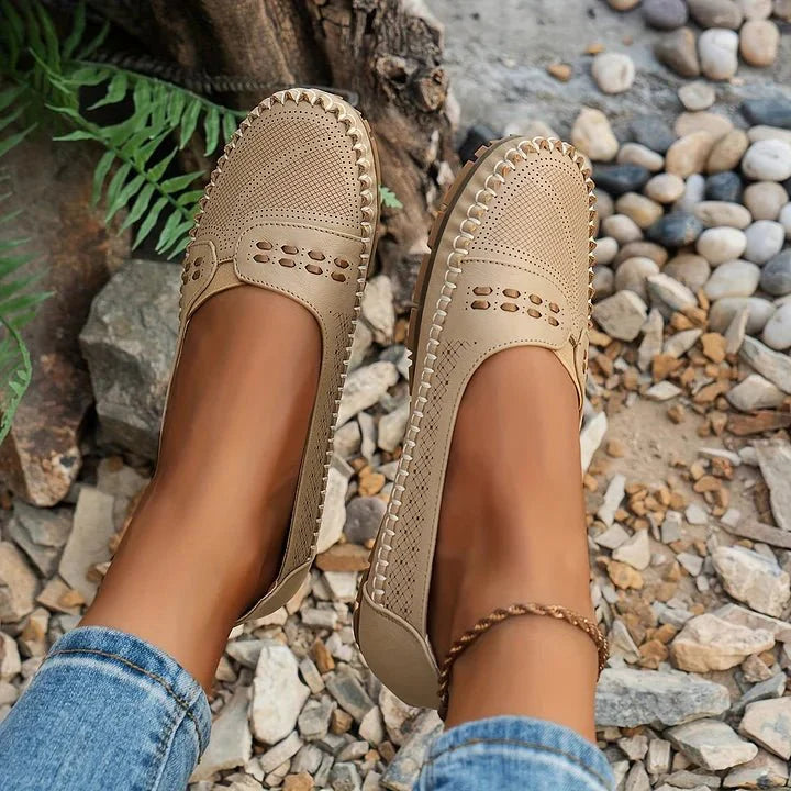 Sarah | Women's Slip-On Flats - Perforated PU Loafer, Flat Sole