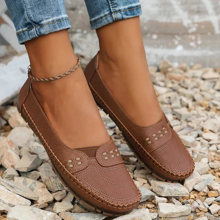 Sarah | Women's Slip-On Flats - Perforated PU Loafer, Flat Sole