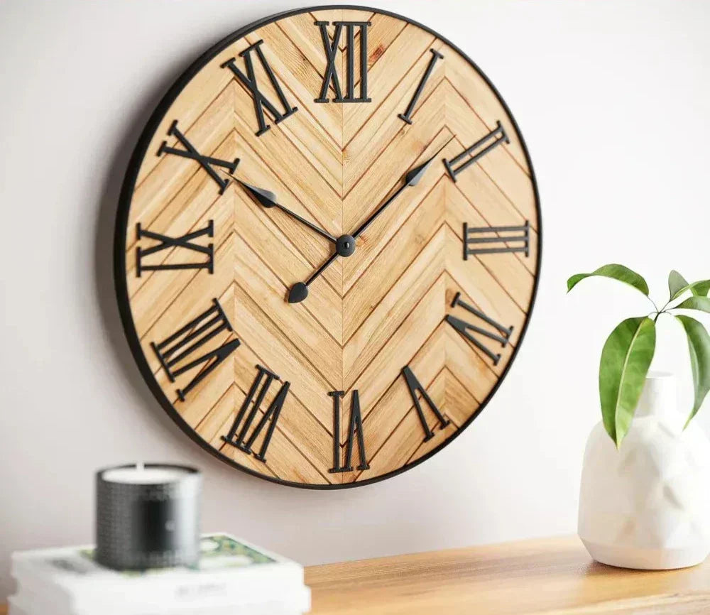 Wall Clock Metal and Wood 24 Inch (61 cm) Diameter | Roman Numerals, Rustic-Modern Style | Silent Operation, Battery Powered 2