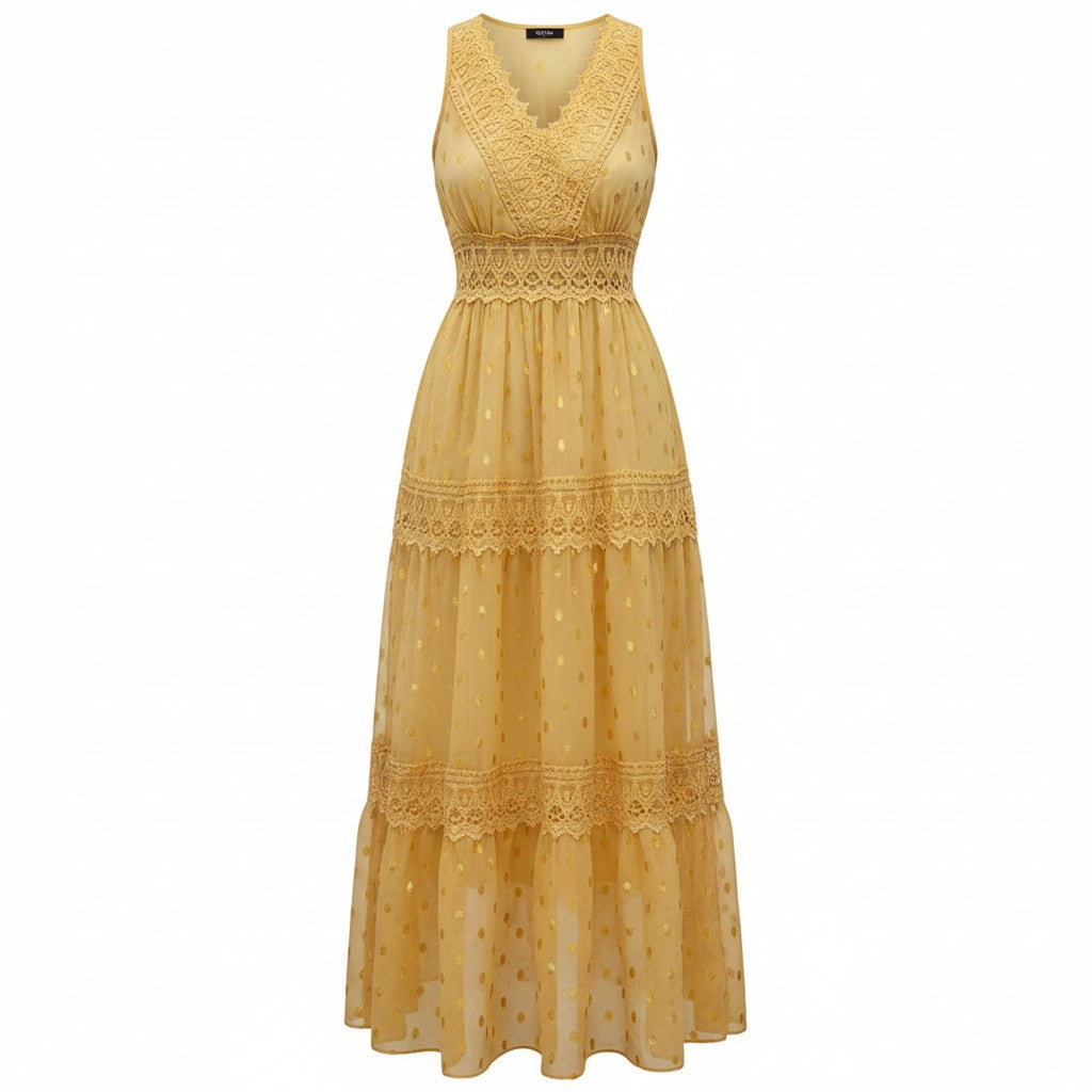 BohoChic | Women's Lace Tiered Maxi Dress - Ankle-Length Sleeveless Style